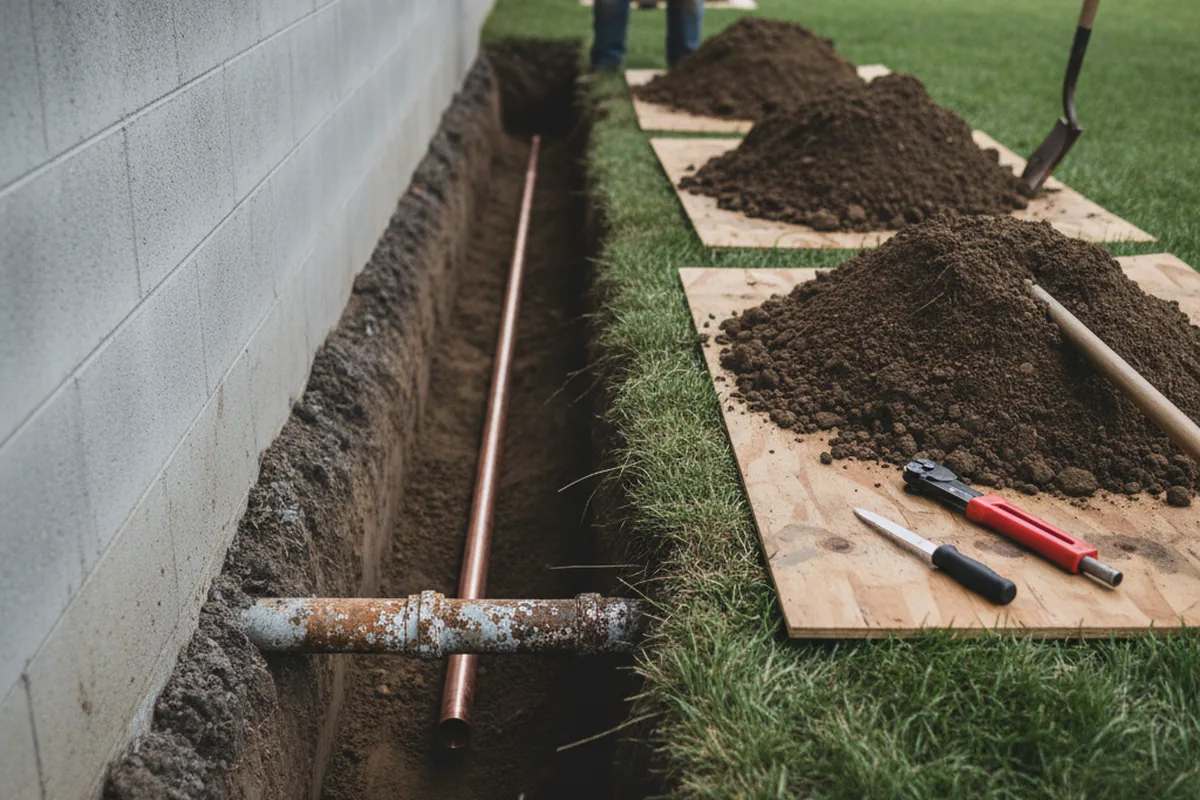 Excavated water line trench during Sewer Line Repair in Montegut